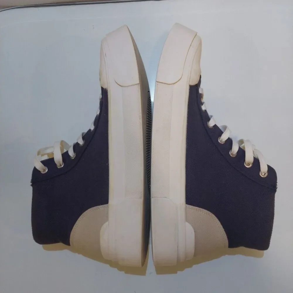 Limited H&M + GOOD NEWS Colab Navy/Sand Canvas Hightop Sneakers Women Sz 7 EU 39